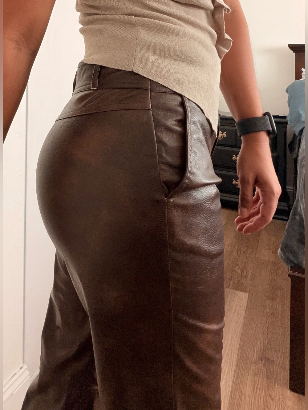 Zara Textured Brown Faux Leather Straight Leg Pants Size L